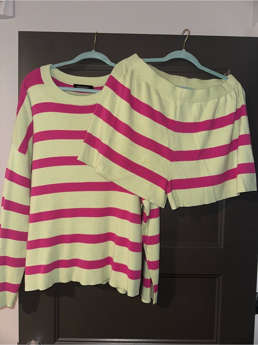 Striped Knit Sweater & Shorts Set - Lime Green & Pink